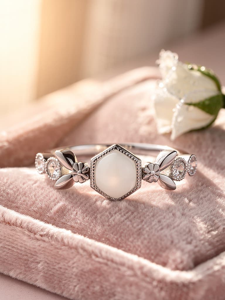 A Timeless Treasures Co keepsake ring with a milk-white stone, resting on blush velvet